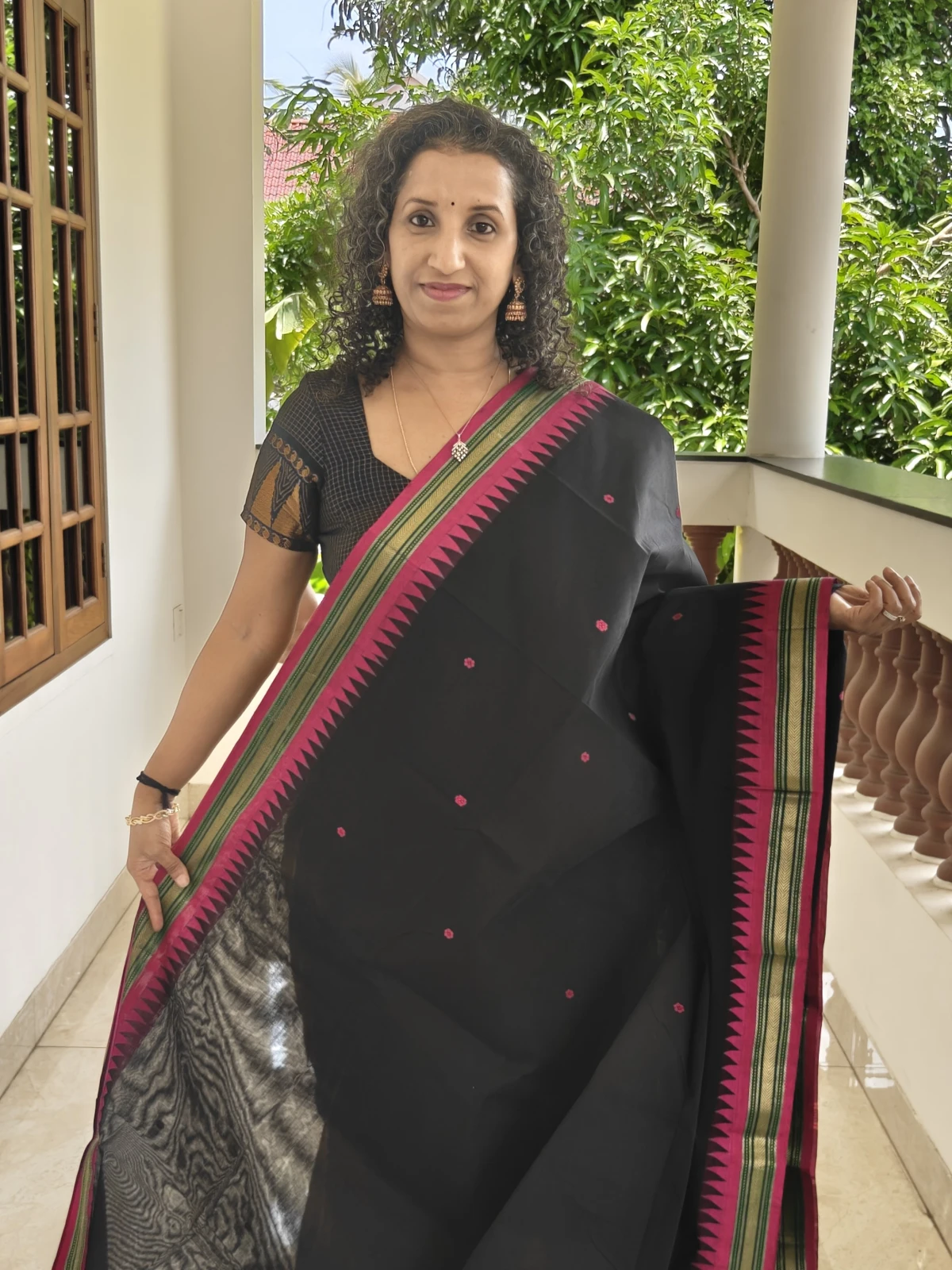 Black and Pink Kanchi Cotton Saree with Geometric Border