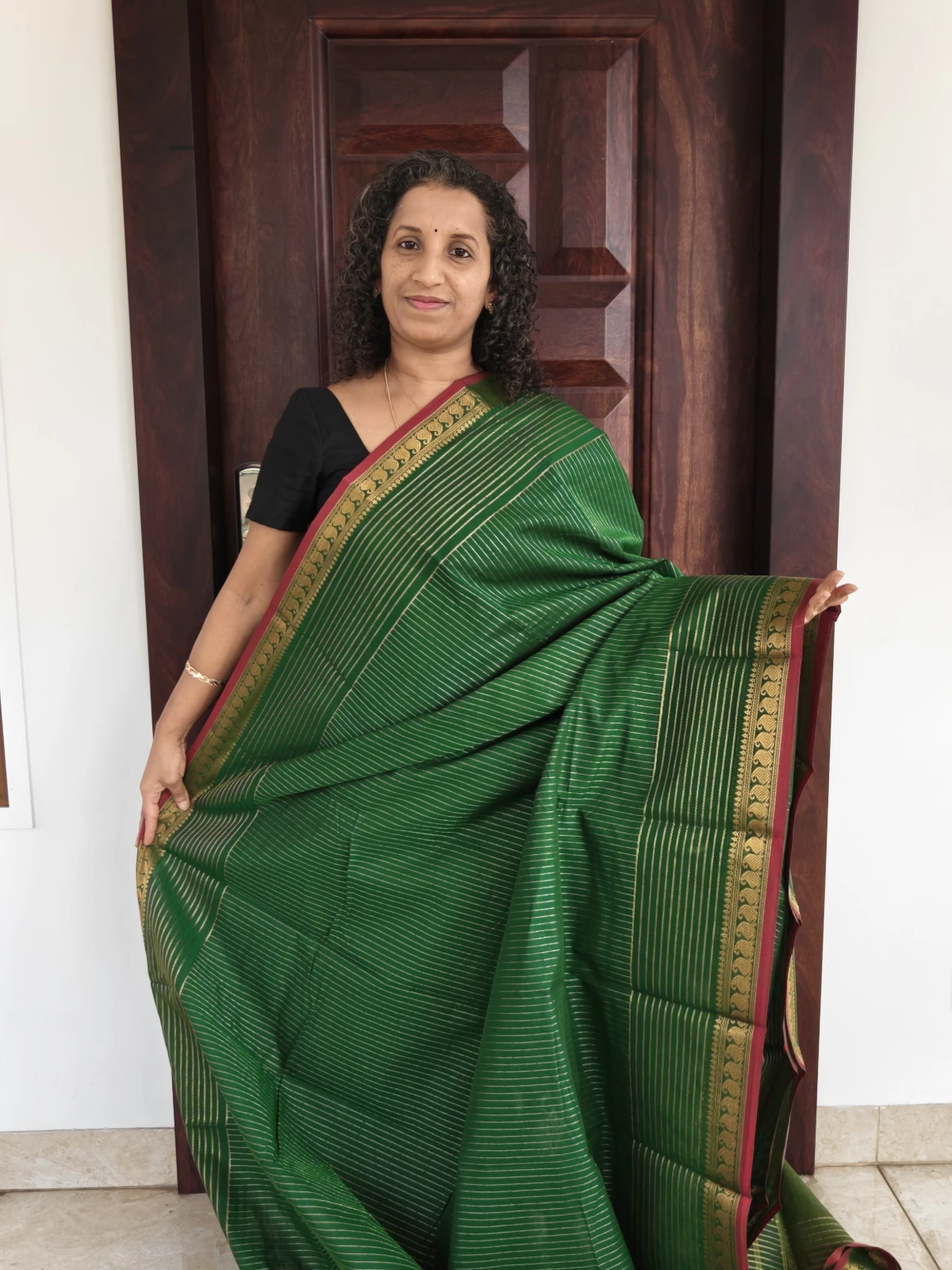 Green and Gold Lines Maroon Border Kanchi Cotton Saree