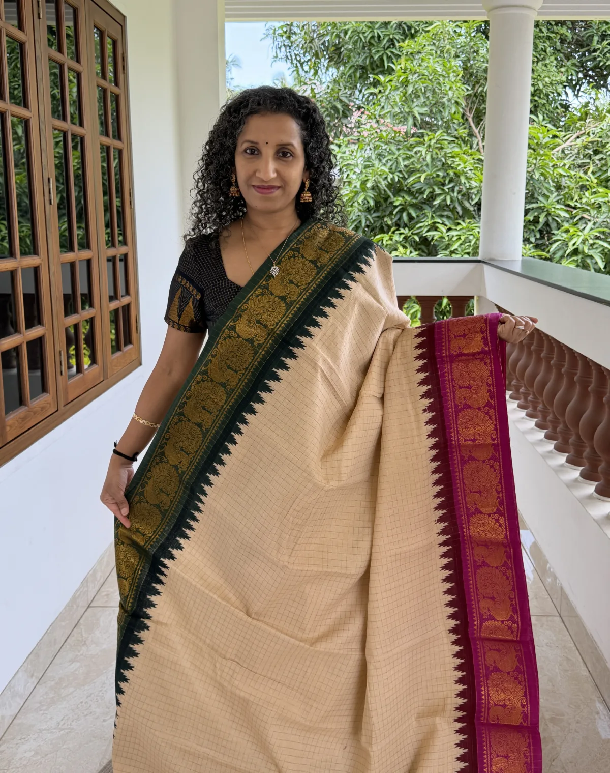 Cream Madurai Sungudi Cotton Saree with Rani Pink & Green Ganga Jamuna Border