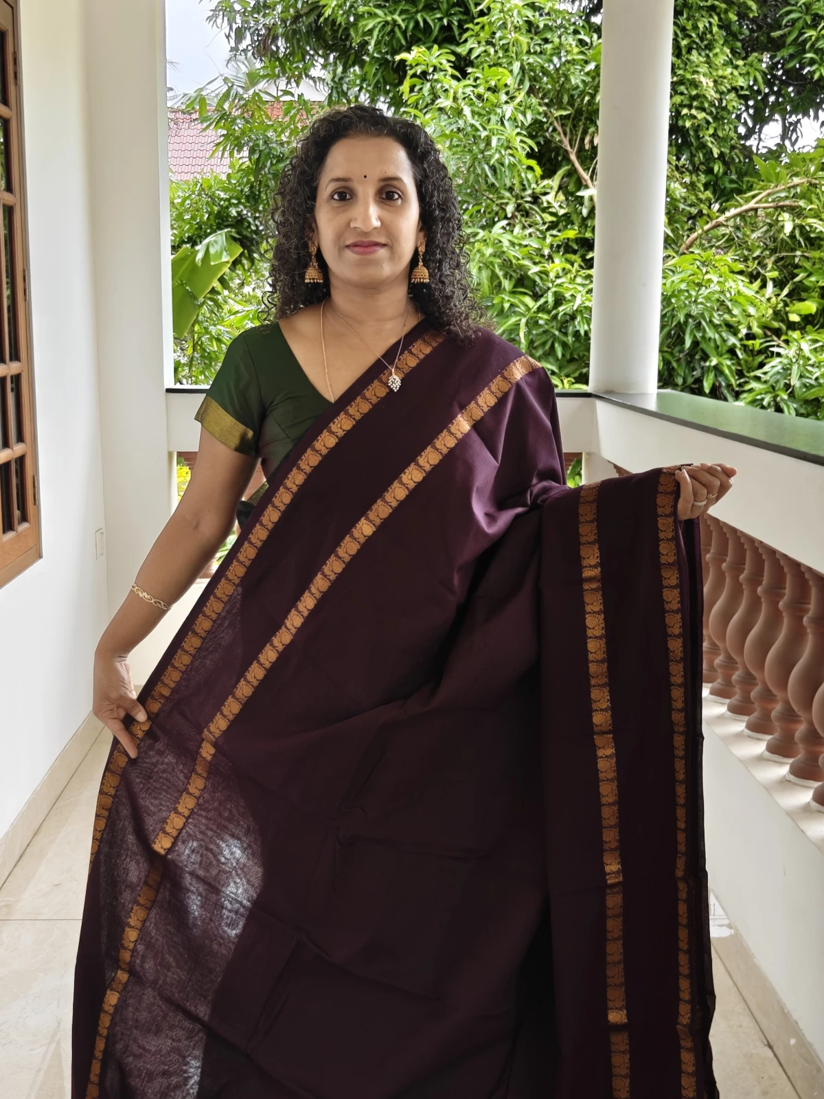 Coffee Brown Sungudi Cotton Saree with Zari Peacock Gap Border