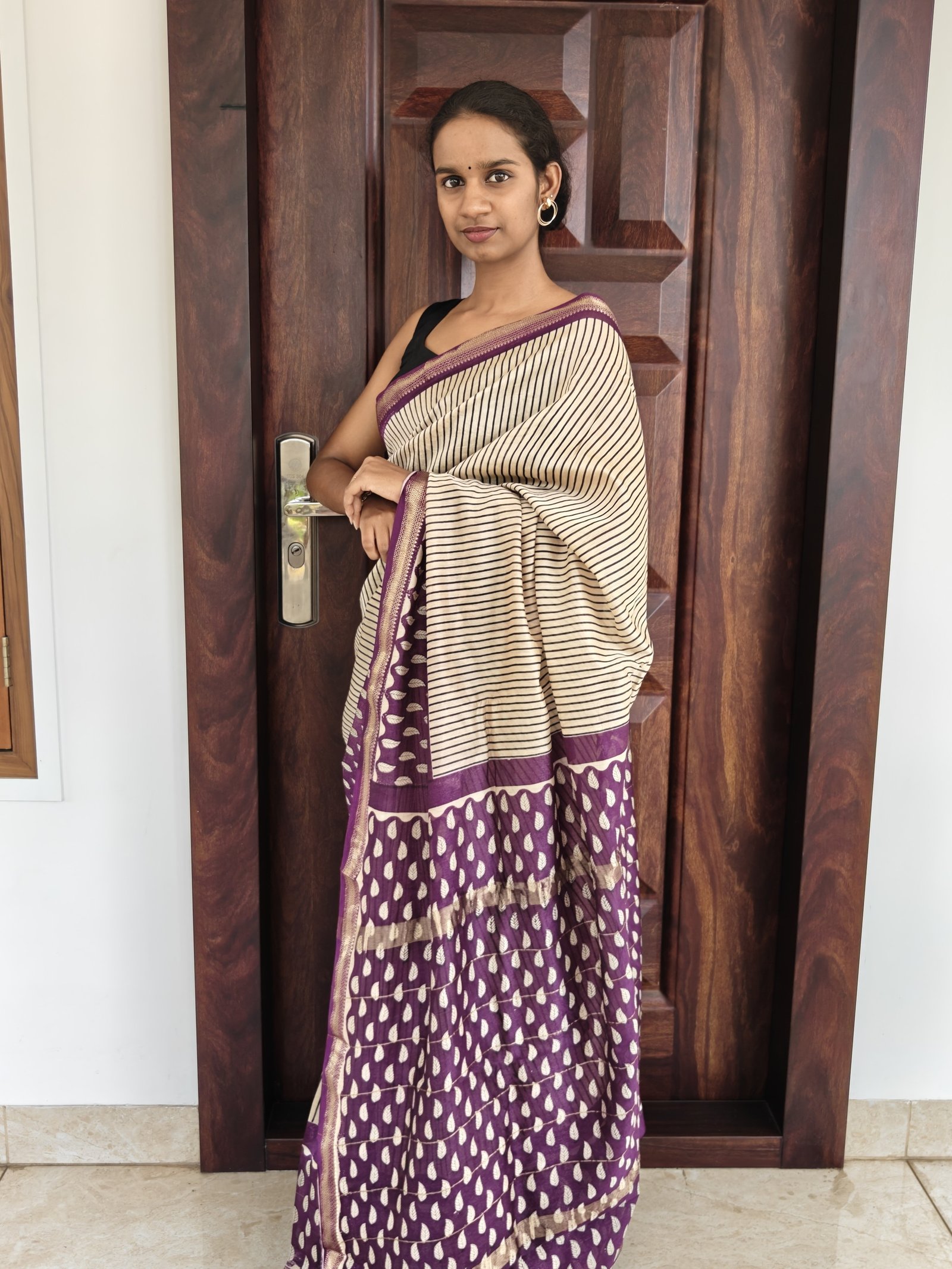 Maheswari Silk Lines And Leaf Purple Phm006 3