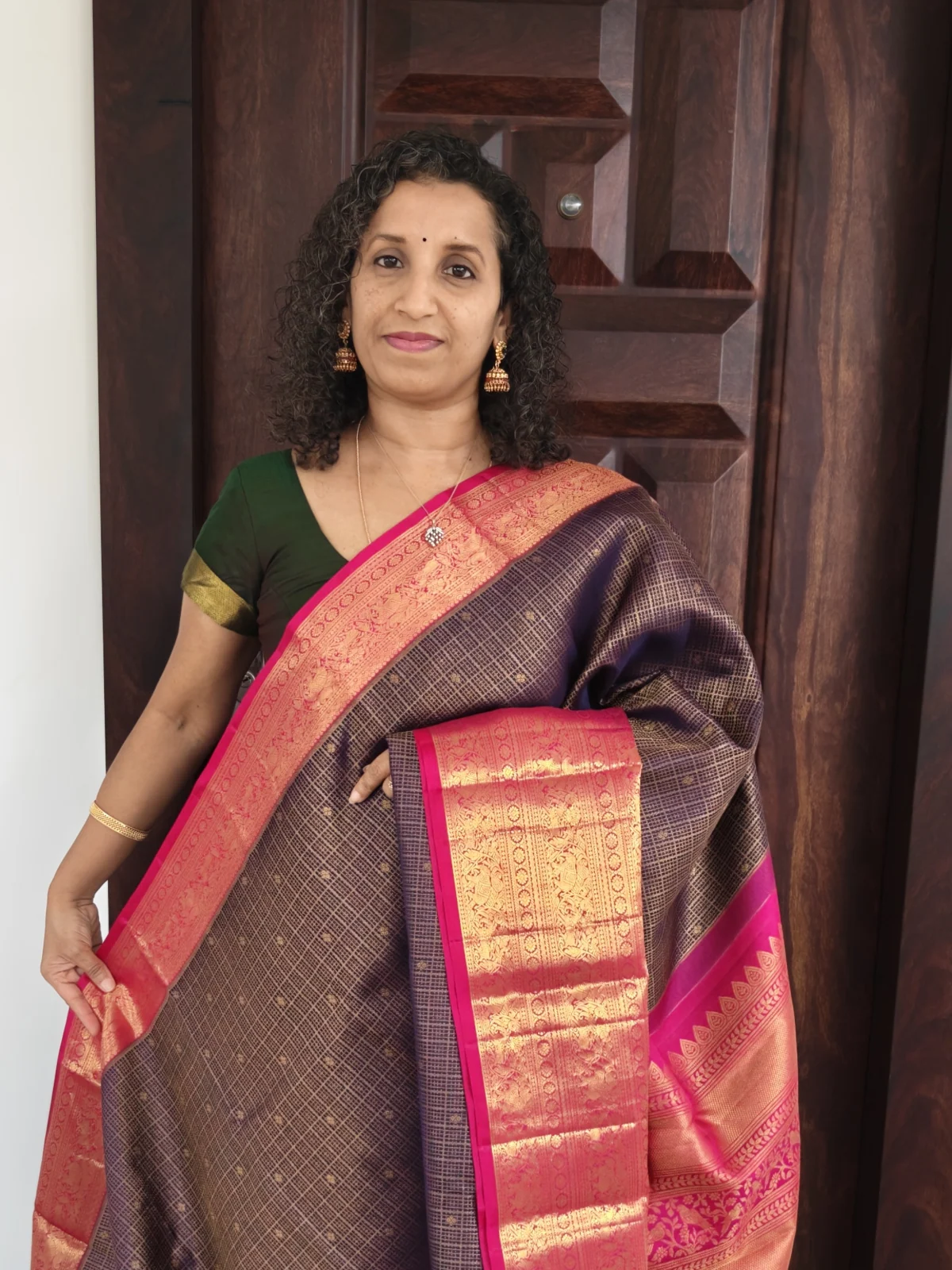 Purple And Pink Dual Shade Bridal Vairaoosi Zari Checks Pure Handloom Kanchipuram Silk Saree Pks036 1B